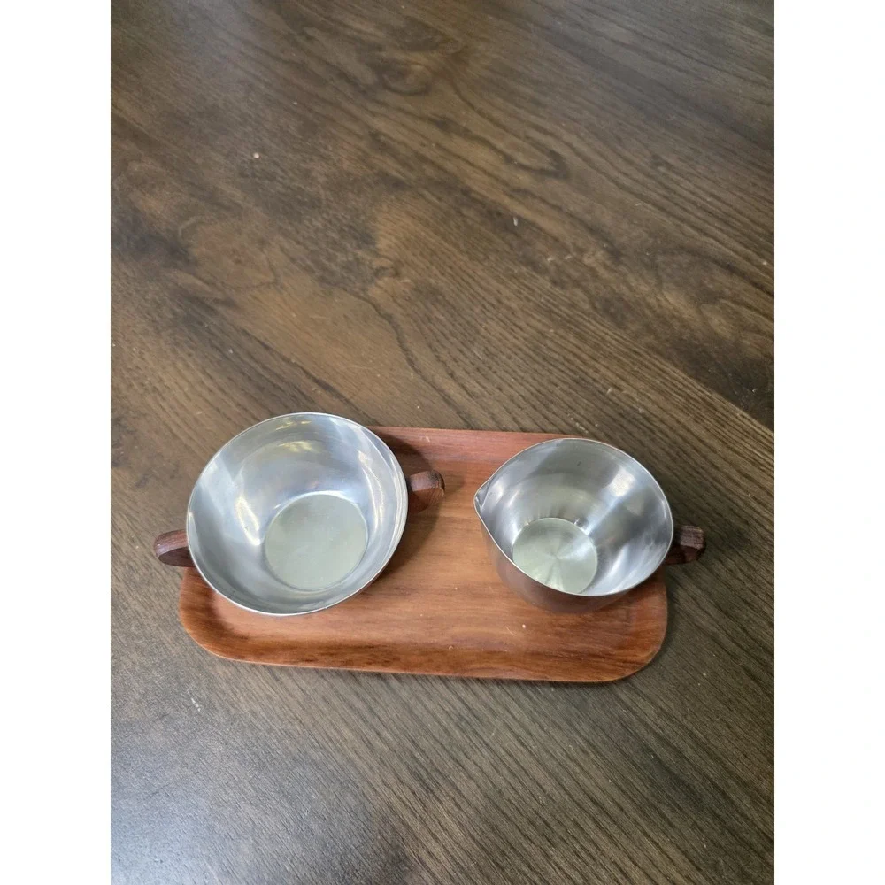 Vintage Brostrom Teakwood Tray Denmark Cream‎ And Sugar Set Stainless Steel E2